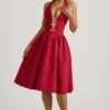 Angelina Halterneck Bow-Detail Midi Dress in True Red