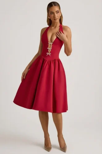 Angelina Halterneck Bow-Detail Midi Dress in True Red