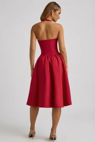 Angelina Halterneck Bow-Detail Midi Dress in True Red