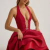 Angelina Halterneck Bow-Detail Midi Dress in True Red