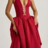 Angelina Halterneck Bow-Detail Midi Dress in True Red