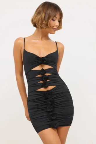 Aniela Slinky Jersey Rose Detail Cut Out Mini Dress in Black
