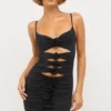 Aniela Slinky Jersey Rose Detail Cut Out Mini Dress in Black