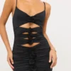 Aniela Slinky Jersey Rose Detail Cut Out Mini Dress in Black
