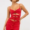 Aniela Slinky Jersey Rose Detail Cut Out Mini Dress in Scarlet Red