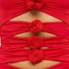 Aniela Slinky Jersey Rose Detail Cut Out Mini Dress in Scarlet Red