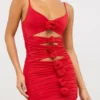 Aniela Slinky Jersey Rose Detail Cut Out Mini Dress in Scarlet Red