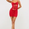 Aniela Slinky Jersey Rose Detail Cut Out Mini Dress in Scarlet Red