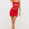 Aniela Slinky Jersey Rose Detail Cut Out Mini Dress in Scarlet Red