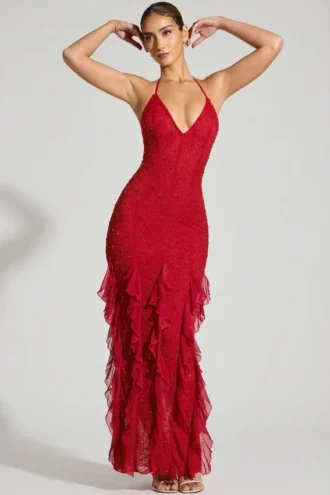Anley Embellished Halter Neck Ruffle Maxi Dress in Red