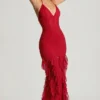 Anley Embellished Halter Neck Ruffle Maxi Dress in Red
