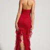 Anley Embellished Halter Neck Ruffle Maxi Dress in Red