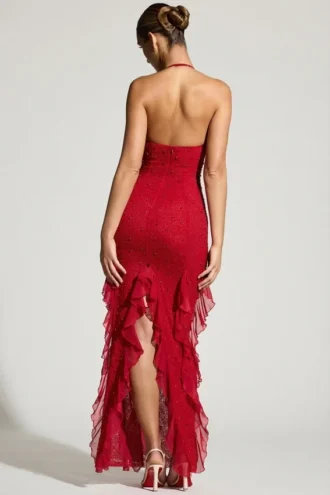 Anley Embellished Halter Neck Ruffle Maxi Dress in Red