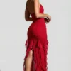 Anley Embellished Halter Neck Ruffle Maxi Dress in Red