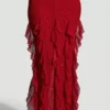 Anley Embellished Halter Neck Ruffle Maxi Dress in Red