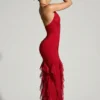 Anley Embellished Halter Neck Ruffle Maxi Dress in Red
