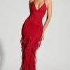 Anley Embellished Halter Neck Ruffle Maxi Dress in Red