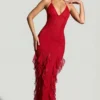 Anley Embellished Halter Neck Ruffle Maxi Dress in Red