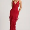 Anley Embellished Halter Neck Ruffle Maxi Dress in Red