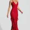 Anley Embellished Halter Neck Ruffle Maxi Dress in Red