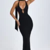Anneka Scarf-Detail Cut-Out Halterneck Maxi Dress in Black