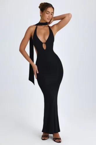 Anneka Scarf-Detail Cut-Out Halterneck Maxi Dress in Black