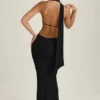 Anneka Scarf-Detail Cut-Out Halterneck Maxi Dress in Black
