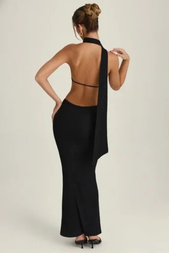 Anneka Scarf-Detail Cut-Out Halterneck Maxi Dress in Black