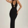 Anneka Scarf-Detail Cut-Out Halterneck Maxi Dress in Black
