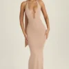 Anneka Scarf-Detail Cut-Out Halterneck Maxi Dress in Warm Peach