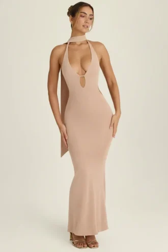 Anneka Scarf-Detail Cut-Out Halterneck Maxi Dress in Warm Peach
