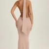 Anneka Scarf-Detail Cut-Out Halterneck Maxi Dress in Warm Peach