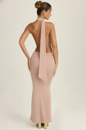 Anneka Scarf-Detail Cut-Out Halterneck Maxi Dress in Warm Peach