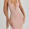 Anneka Scarf-Detail Cut-Out Halterneck Maxi Dress in Warm Peach