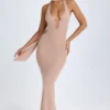 Anneka Scarf-Detail Cut-Out Halterneck Maxi Dress in Warm Peach