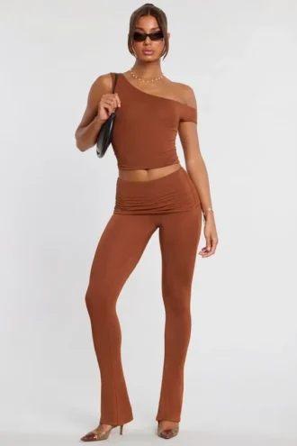Anona Mid Rise Modal Cashmere Blend Trousers in Chestnut Brown