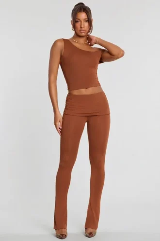 Anona Mid Rise Modal Cashmere Blend Trousers in Chestnut Brown