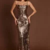 Antea Embellished Straight-Neck Maxi Dress in Black Gold Foil