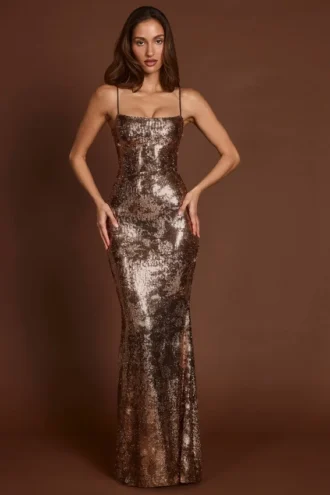 Antea Embellished Straight-Neck Maxi Dress in Black Gold Foil
