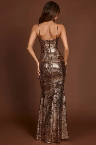 Antea Embellished Straight-Neck Maxi Dress in Black Gold Foil
