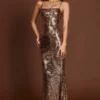 Antea Embellished Straight-Neck Maxi Dress in Black Gold Foil