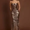 Antea Embellished Straight-Neck Maxi Dress in Black Gold Foil