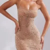 Antonella Sheer Embellished Scoop Neck Evening Gown in Almond