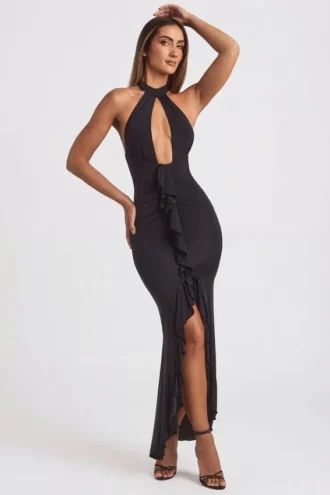 Apolline Ruffle-Trim Halterneck Gown in Black