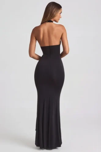 Apolline Ruffle-Trim Halterneck Gown in Black