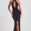 Apolline Ruffle-Trim Halterneck Gown in Black
