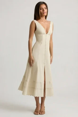Aralisse Cotton-Poplin A-Line Midaxi Dress in Ivory