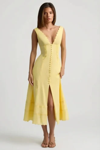 Aralisse Cotton-Poplin A-Line Midaxi Dress in Pastel Yellow