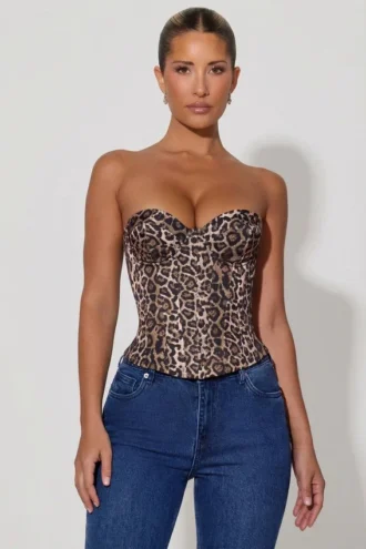 Araminta Lace-Up Corset Top in Leopard Print