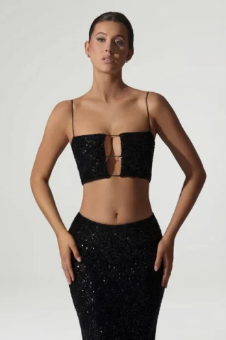 Ariana Embellished Cut-Out Crop Top in Black